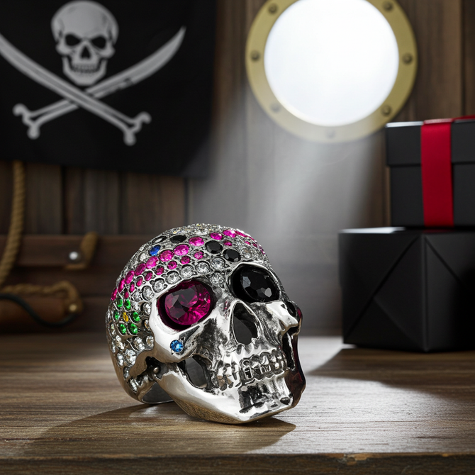 Bold Sterling Silver Sugar Skull Statement Ring with Multicolor CZ Red and Pirate Black Eye Patch Stones
