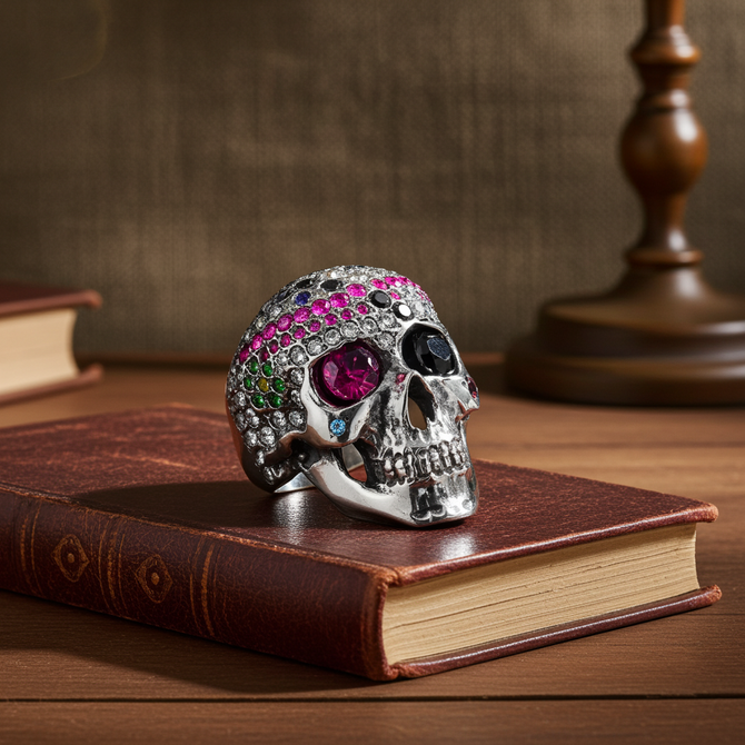 Bold Sterling Silver Sugar Skull Statement Ring with Multicolor CZ Red and Pirate Black Eye Patch Stones