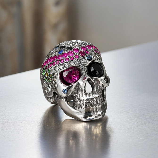 Bold Sterling Silver Sugar Skull Statement Ring with Multicolor CZ Red and Pirate Black Eye Patch Stones