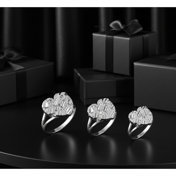 Sterling Silver Nugget Sparkle Cut Heart Ring for Women (S/M/L)