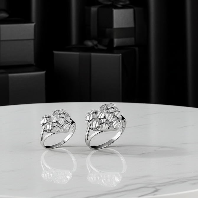 Sterling Silver Nugget Sparkle Cut Heart Ring for Women (S/M/L)