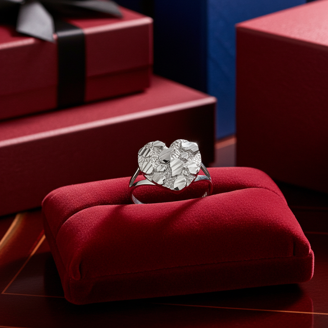 Sterling Silver Nugget Sparkle Cut Heart Ring for Women (S/M/L)
