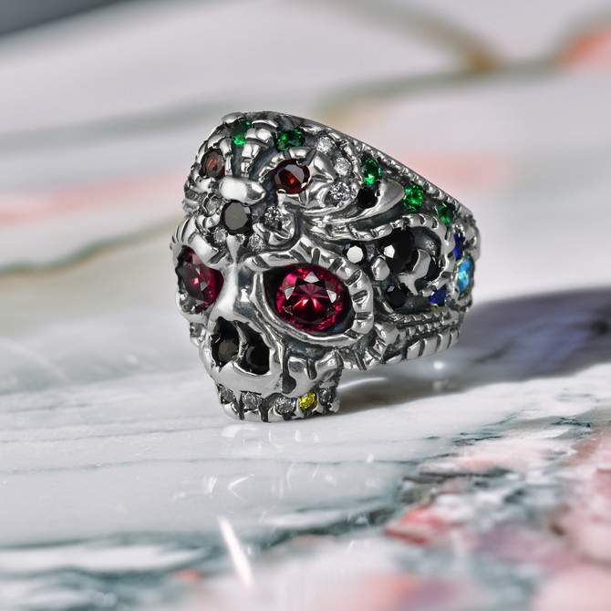 Oxidized Sterling Silver Sugar Skull Multicolor CZ Statement Ring
