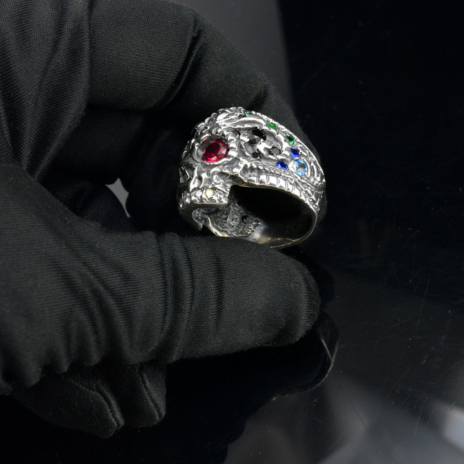 Oxidized Sterling Silver Sugar Skull Multicolor CZ Statement Ring
