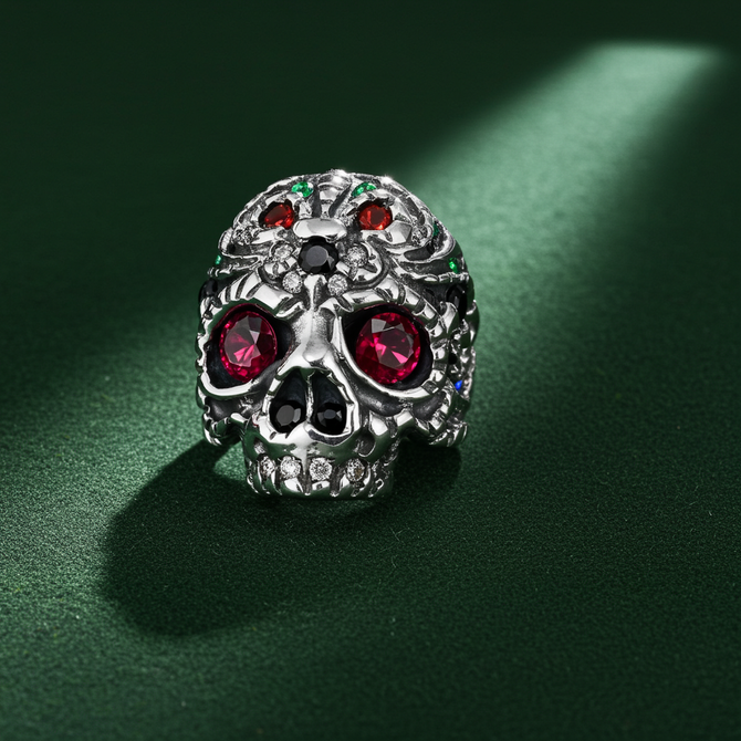 Oxidized Sterling Silver Sugar Skull Multicolor CZ Statement Ring