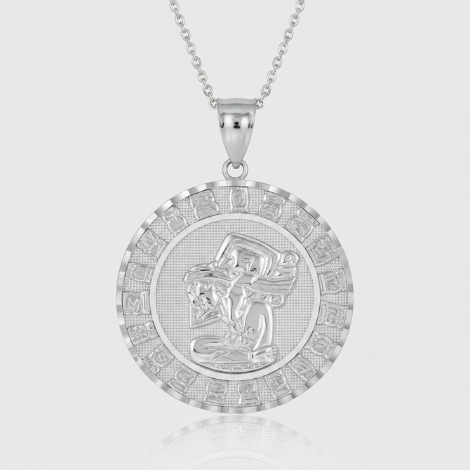 Silver Ancient Aztec Mayan Sun Deity Necklace S M L