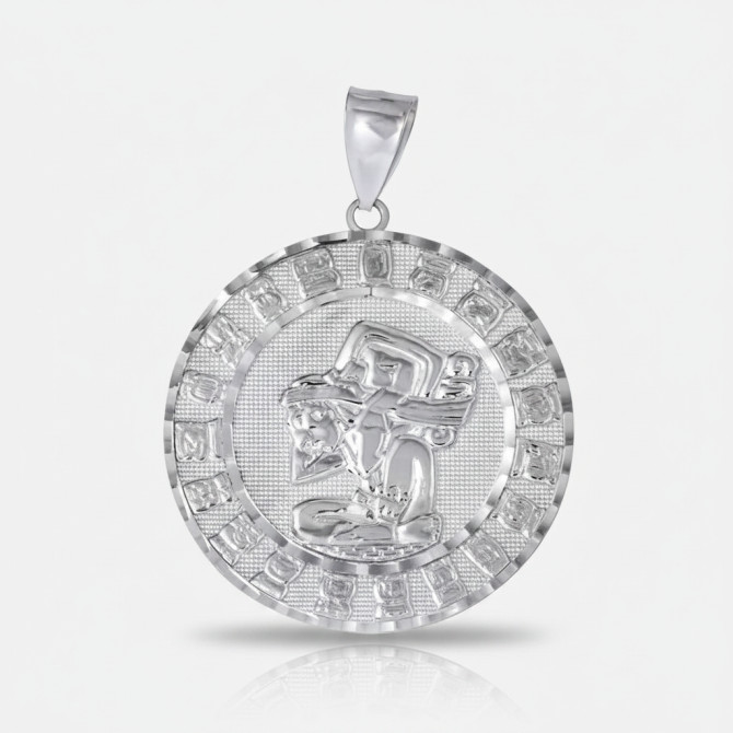 Sterling Silver Diamond Cut Ancient Aztec Mayan Sun Deity Pendant Necklace S M L