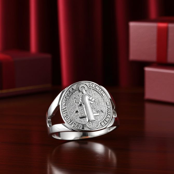 925 Sterling Silver Saint Benedict Medallion Ring