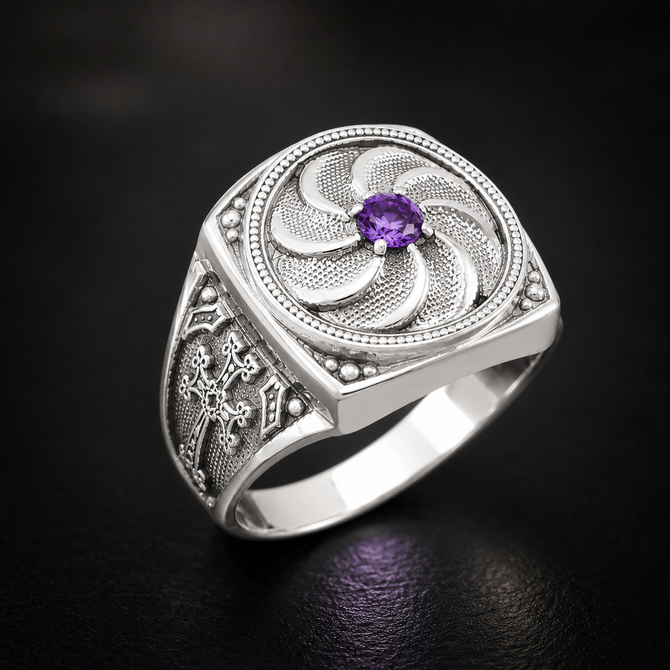 Polished Silver Armenian Eternity Khachkar Cross Amethyst Purple CZ February Birthstone Ring