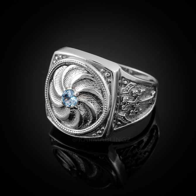 Polished Silver Armenian Eternity Khachkar Cross Aquamarine Light Blue CZ March Birthstone Ring