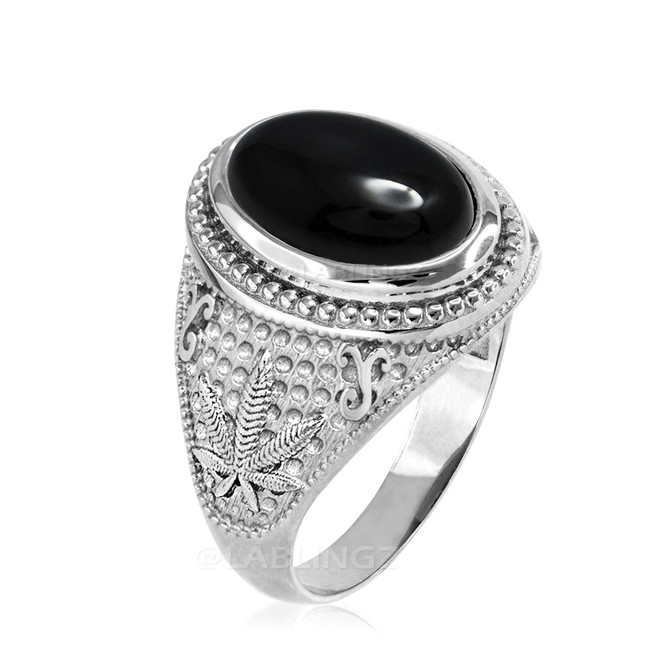 Sterling Silver Marijuana Weed  Black Onyx Statement Ring