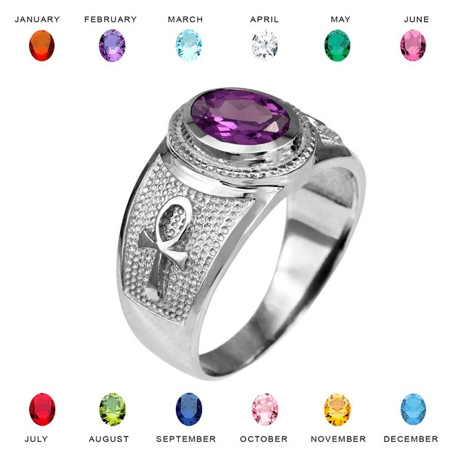 Sterling Silver Egyptian Ankh Cross Birthstone CZ Unisex Ring