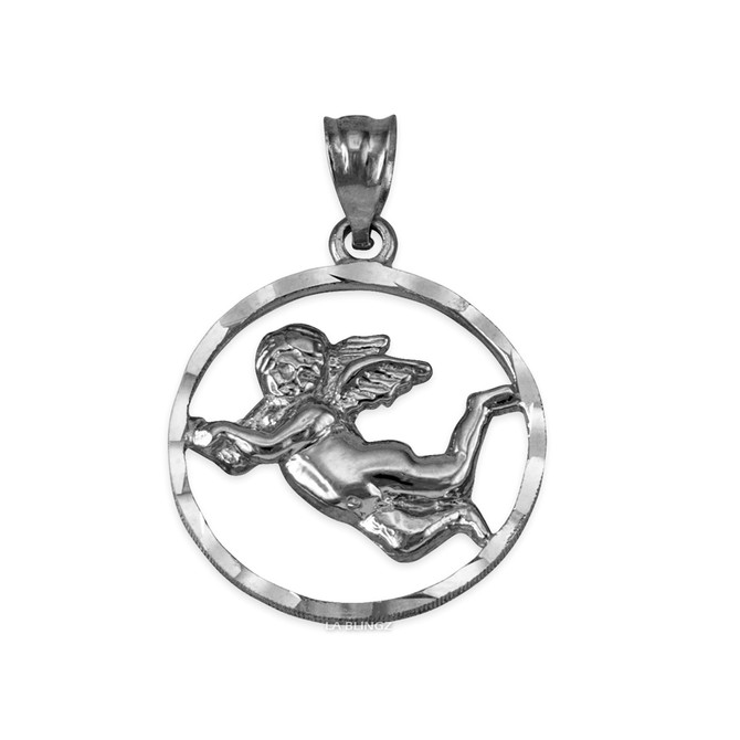 Sterling Silver Flying Angel Round DC Pendant Necklace