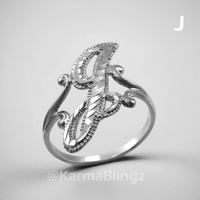 Sterling Silver Sparkle-Cut Letter Initial Script Ring