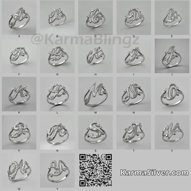 Sterling Silver Sparkle-Cut Letter Initial Script Ring