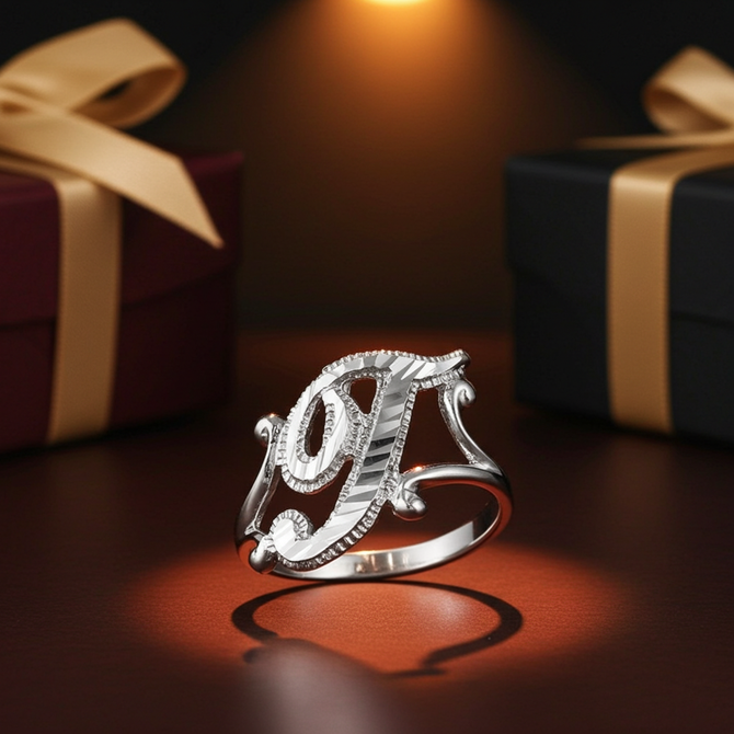 Sterling Silver Sparkle-Cut Letter Initial Script Ring