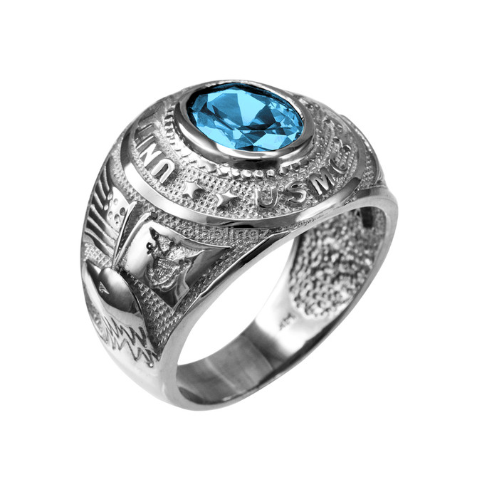 Sterling Silver US Marine Corps USMC Mens Birthstone CZ Ring