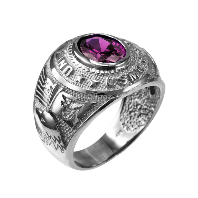 Sterling Silver US Marine Corps USMC Mens Birthstone CZ Ring