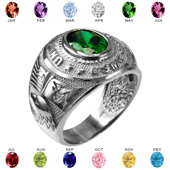 Sterling Silver US Marine Corps USMC Mens Birthstone CZ Ring