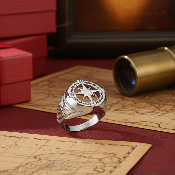 Mens Sterling Silver Compass Ring