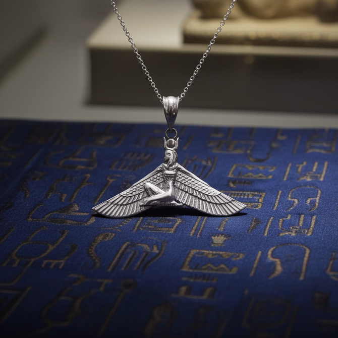 Sterling Silver Egyptian Isis Winged Down Goddess Pendant Necklace