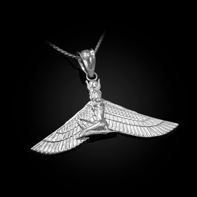 Sterling Silver Egyptian Isis Winged Down Goddess Pendant Necklace