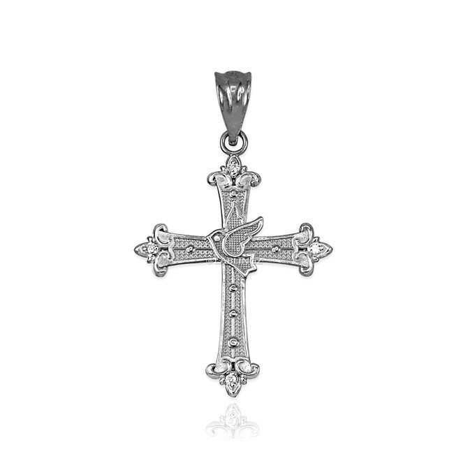 Sterling Silver Holy Spirit Dove Cross Diamond Pendant Necklace