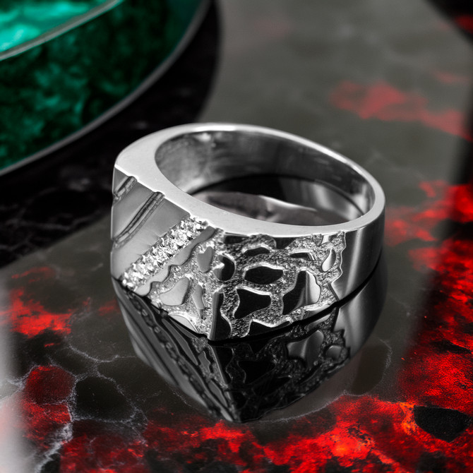Men's CZ Accent Rectangle Nugget Ring in Sterling Silver