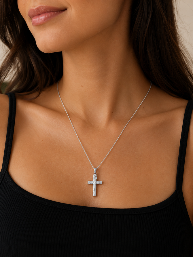 Sterling Silver Rustic Wood INRI Cross Pendant Necklace
