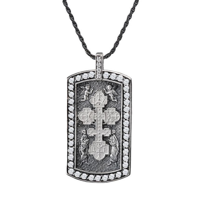 Sterling Silver Eastern Orthodox Cross Dog Tag CZ Pendant Necklace