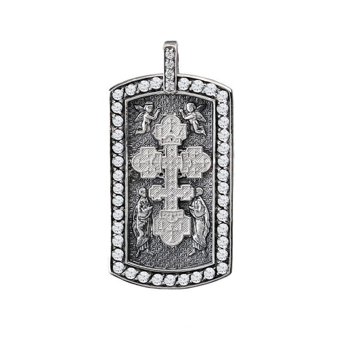 Sterling Silver Eastern Orthodox Cross Dog Tag CZ Pendant Necklace