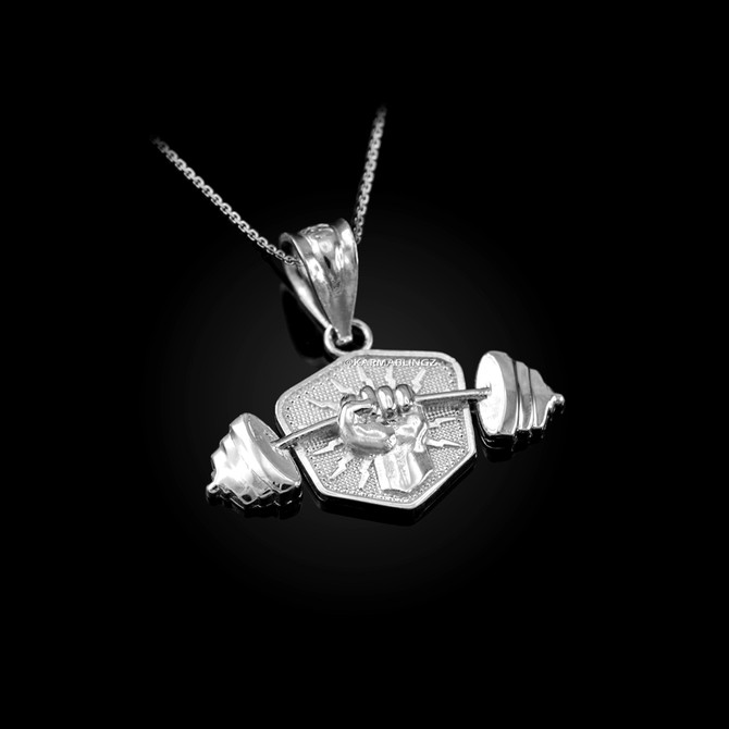 Sterling Silver Hand Weightlifting Dumbbell Pendant Necklace