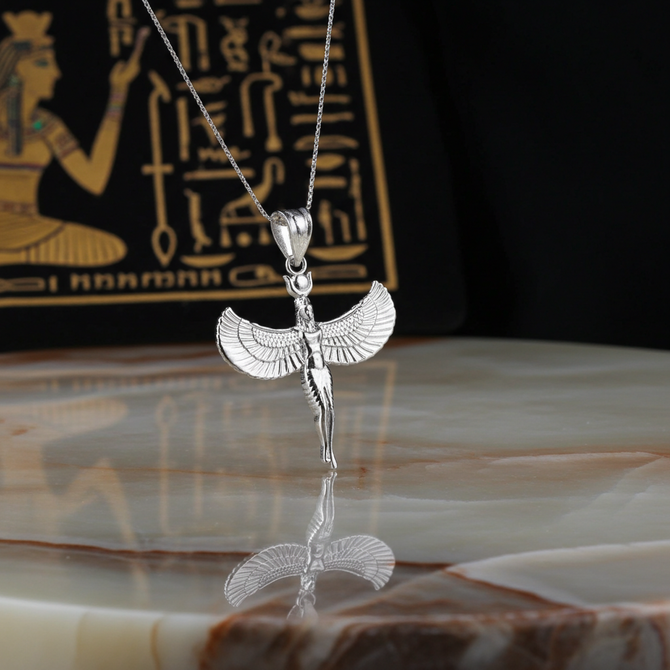 Sterling Silver Egyptian Isis Standing Winged Goddess Pendant Necklace