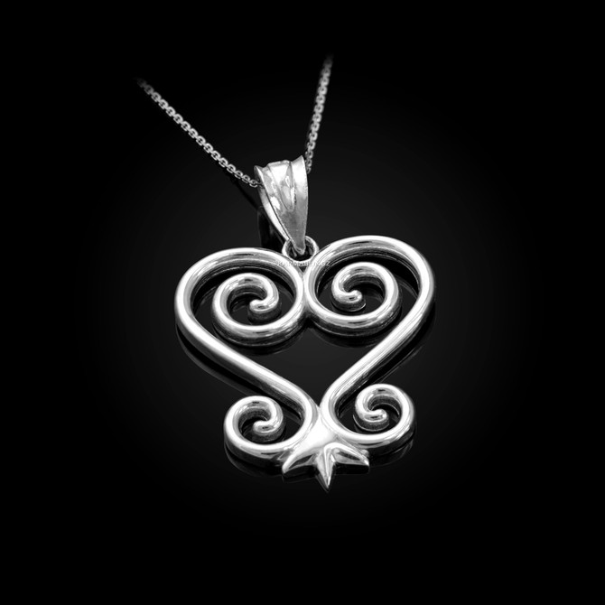 African Adinkra Sankofa Heart Pendant Necklace in Sterling Silver