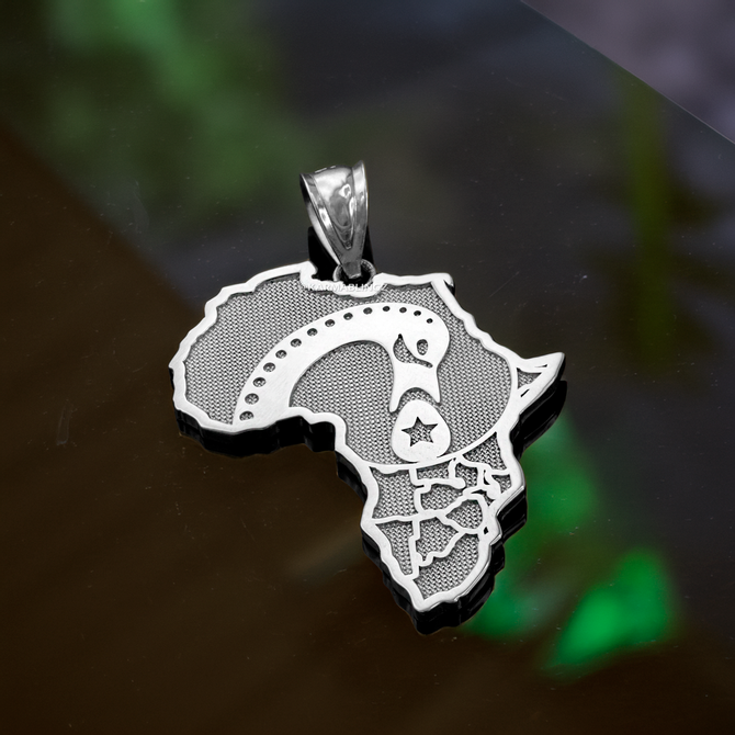 Sterling Silver Africa Map Adinkra Sankofa Pendant Necklace
