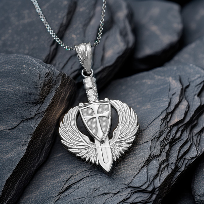 Sterling Silver Crusader Winged Sword and Shield Pendant Necklace