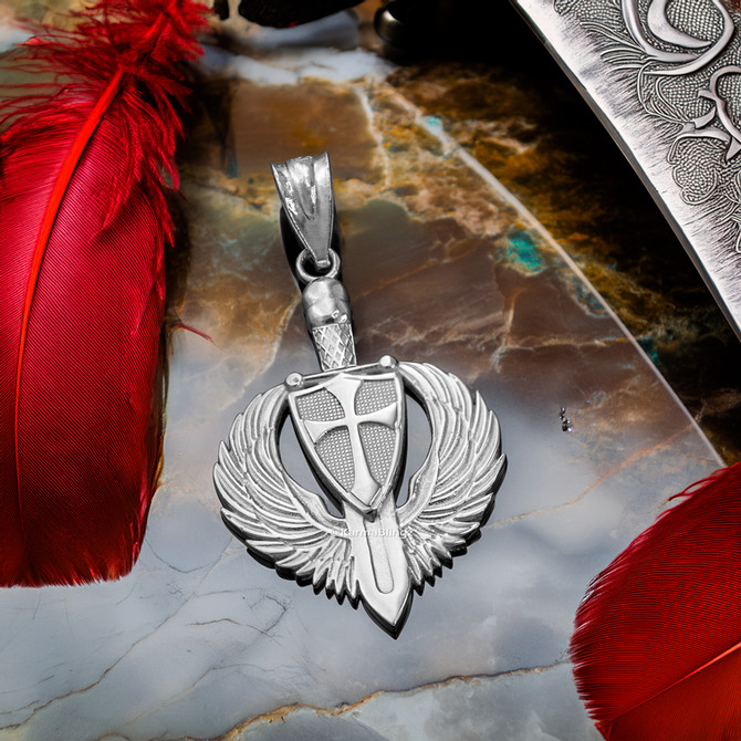 Sterling Silver Crusader Winged Sword and Shield Pendant Necklace