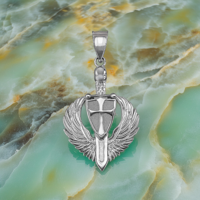 Sterling Silver Crusader Winged Sword and Shield Pendant Necklace