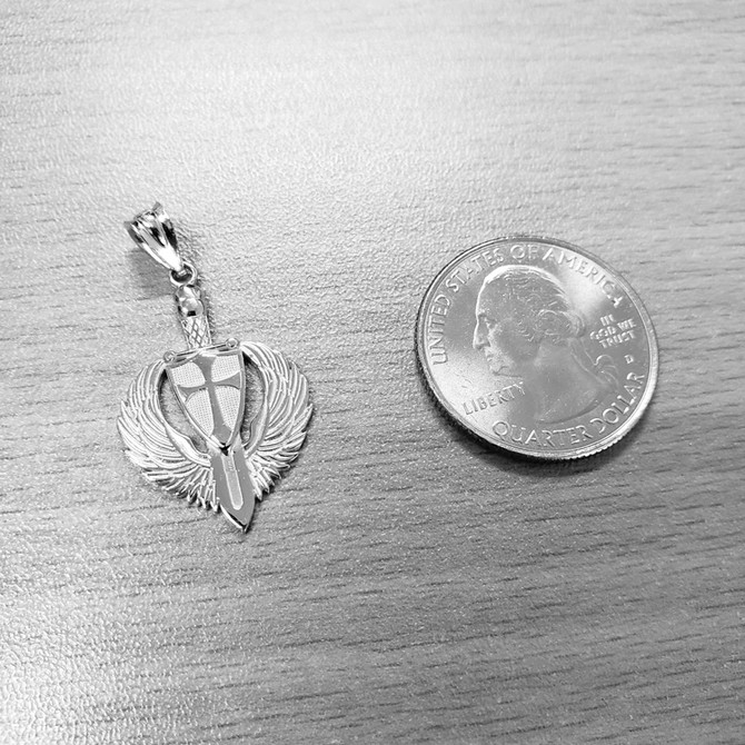 Sterling Silver Crusader Winged Sword and Shield Pendant Necklace