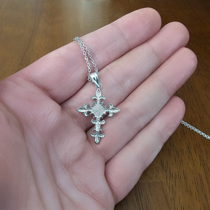 Sterling Silver Fleur de Lis Cross Pendant Necklace