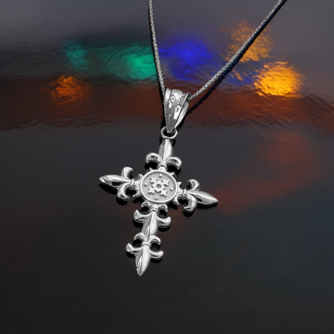 Sterling Silver Fleur de Lis Cross Pendant Necklace