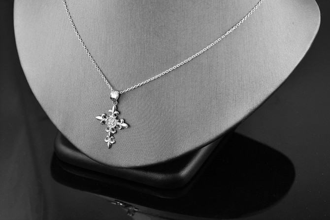 Sterling Silver Fleur de Lis Cross Pendant Necklace