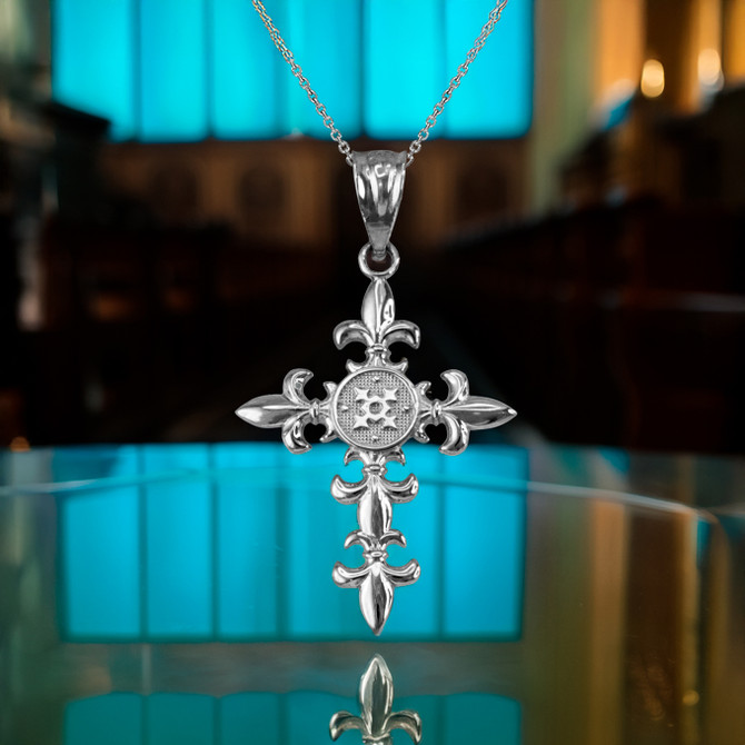 Sterling Silver Fleur de Lis Cross Pendant Necklace