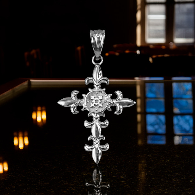 Sterling Silver Fleur de Lis Cross Pendant Necklace