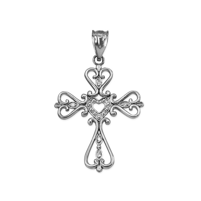 Open Heart CZ Cross Sterling Silver Pendant Necklace