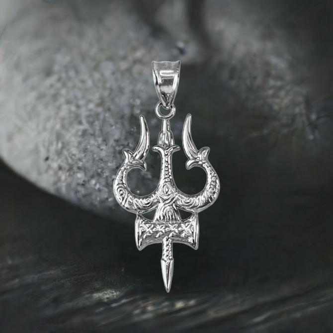 Sterling Silver Trident of Lord Shiva Trisula Pendant Necklace