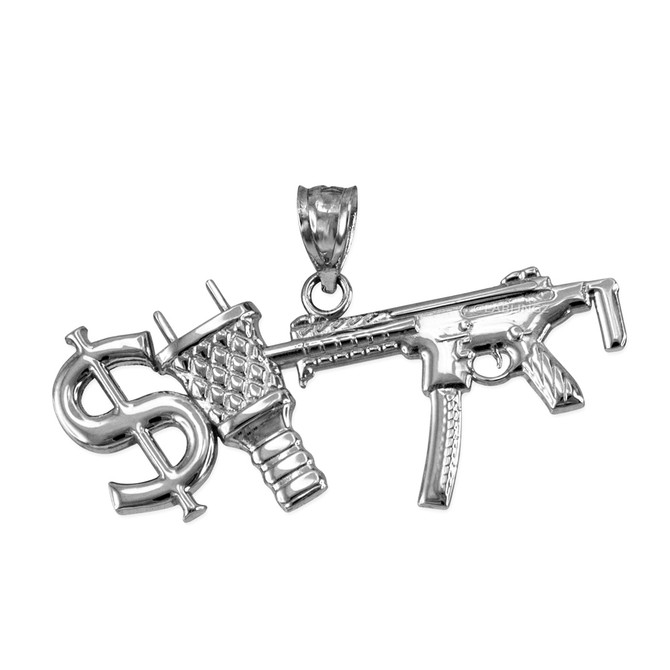 Sterling Silver Dollar Plug Gun Hip Hop Pendant Necklace