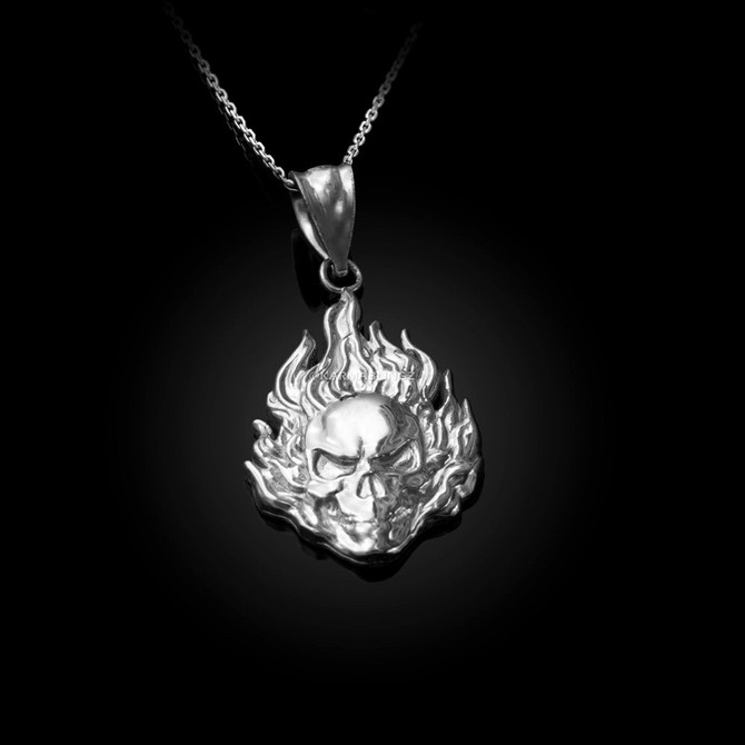 Flaming Skull Sterling Silver Pendant Necklace