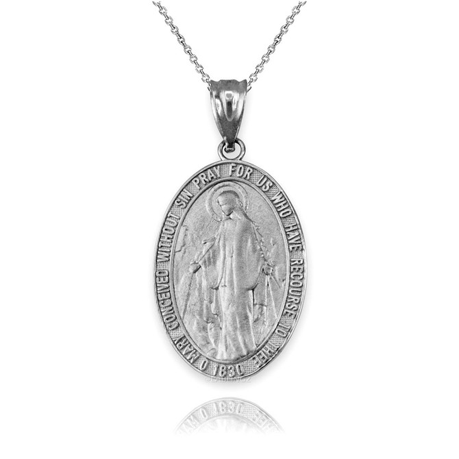 Sterling Silver Virgin Mary Conceived Without Sin Oval Satin Pendant Necklace