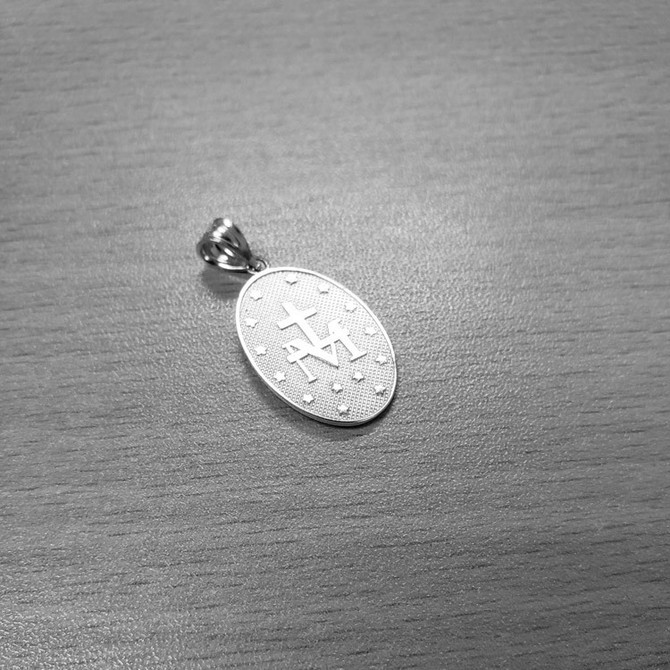 Sterling Silver Virgin Mary Conceived Without Sin Oval Satin Pendant Necklace